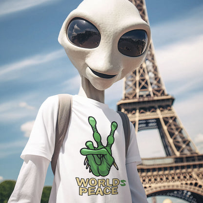 An alien wearing a 'World's Peace' shirt in front of the Eiffel Tower. A world peace t shirt with an alien lovers twist. When we think of world peace lets not be selfish about it., lets include all Worlds. Made from 100% organic ring-spun cotton, this funny alien t shirt is unisex, high-quality, super comfy, and best of all, eco-friendly.
