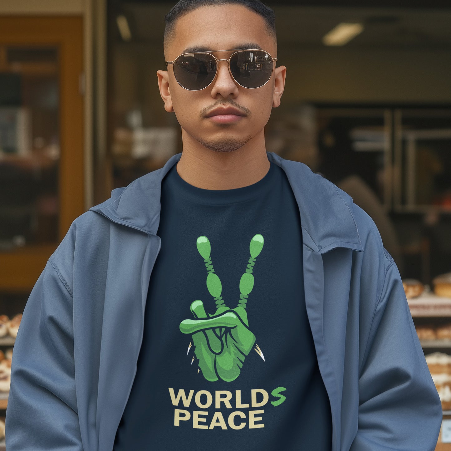 Person wearing a blue jacket and a dark t-shirt with a green peace sign and 'World's Peace' text. A world peace t-shirt with an alien lovers twist. When we think of world peace lets not be selfish about it., lets include all Worlds. Made from 100% organic ring-spun cotton, this humorous anti-war alien t-shirt is unisex, high-quality, super comfy, and best of all, eco-friendly.
