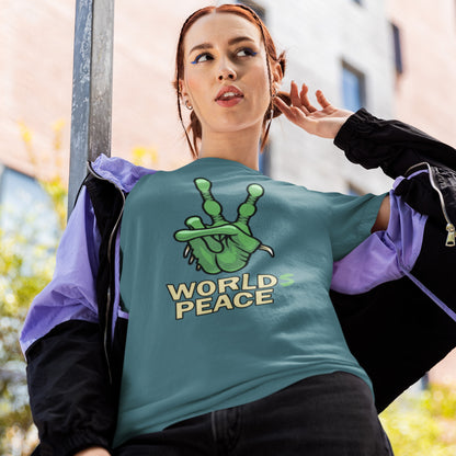 Person wearing a teal t-shirt with 'World's Peace' graphic design outdoors. A world peace t-shirt with an alien lovers twist. When we think of world peace lets not be selfish about it., lets include all Worlds. Made from 100% organic ring-spun cotton, this humorous anti-war alien t-shirt is unisex, high-quality, super comfy, and best of all, eco-friendly.