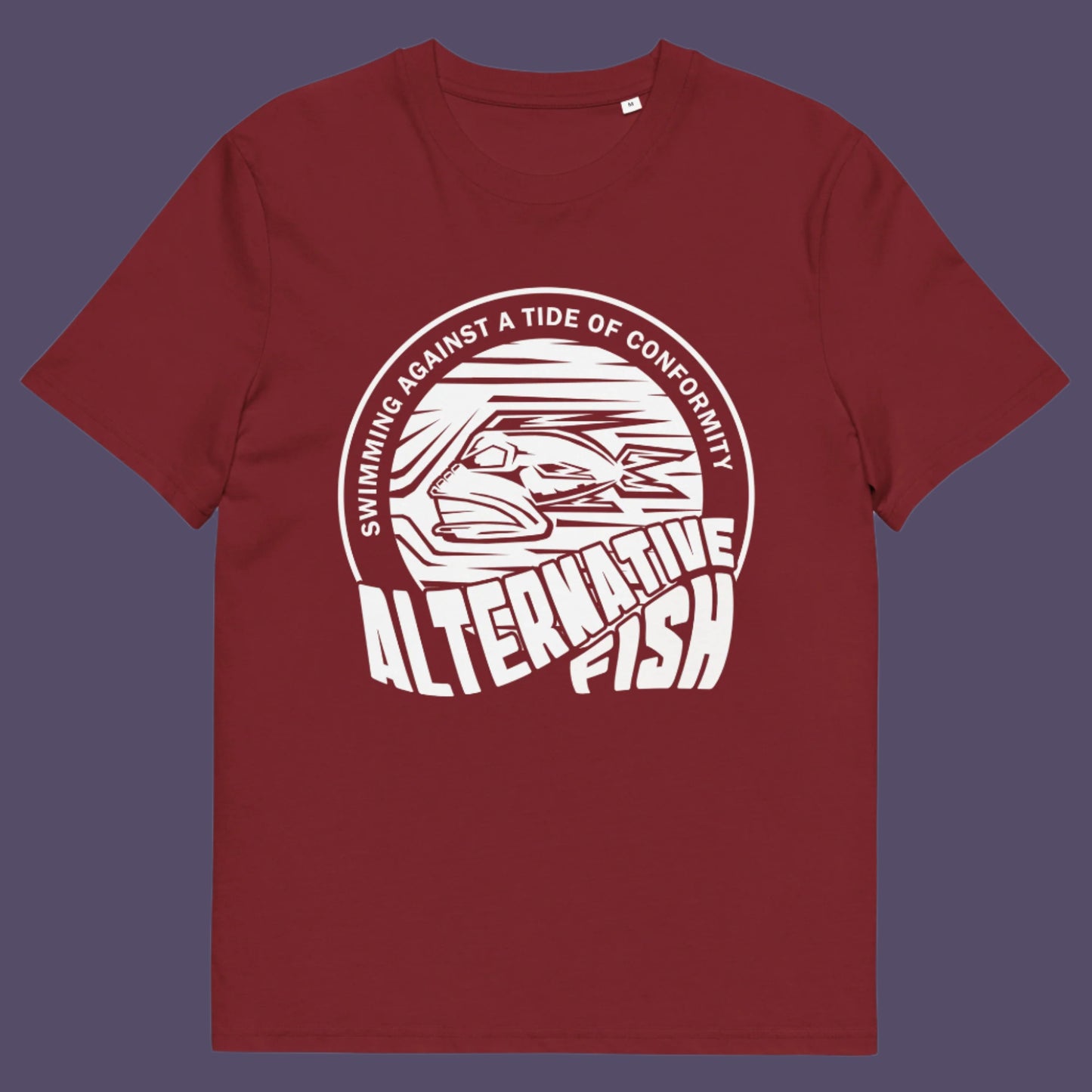 Burgundy t shirt. A non conformist t shirt for all who think outside the box. Don't just be another fish in the sea. Push back the tide of conformity with this anti establishment t shirt design. Made from 100% organic ring-spun cotton, this counter culture t shirt is unisex, high-quality, super comfy, and best of all, eco-friendly.