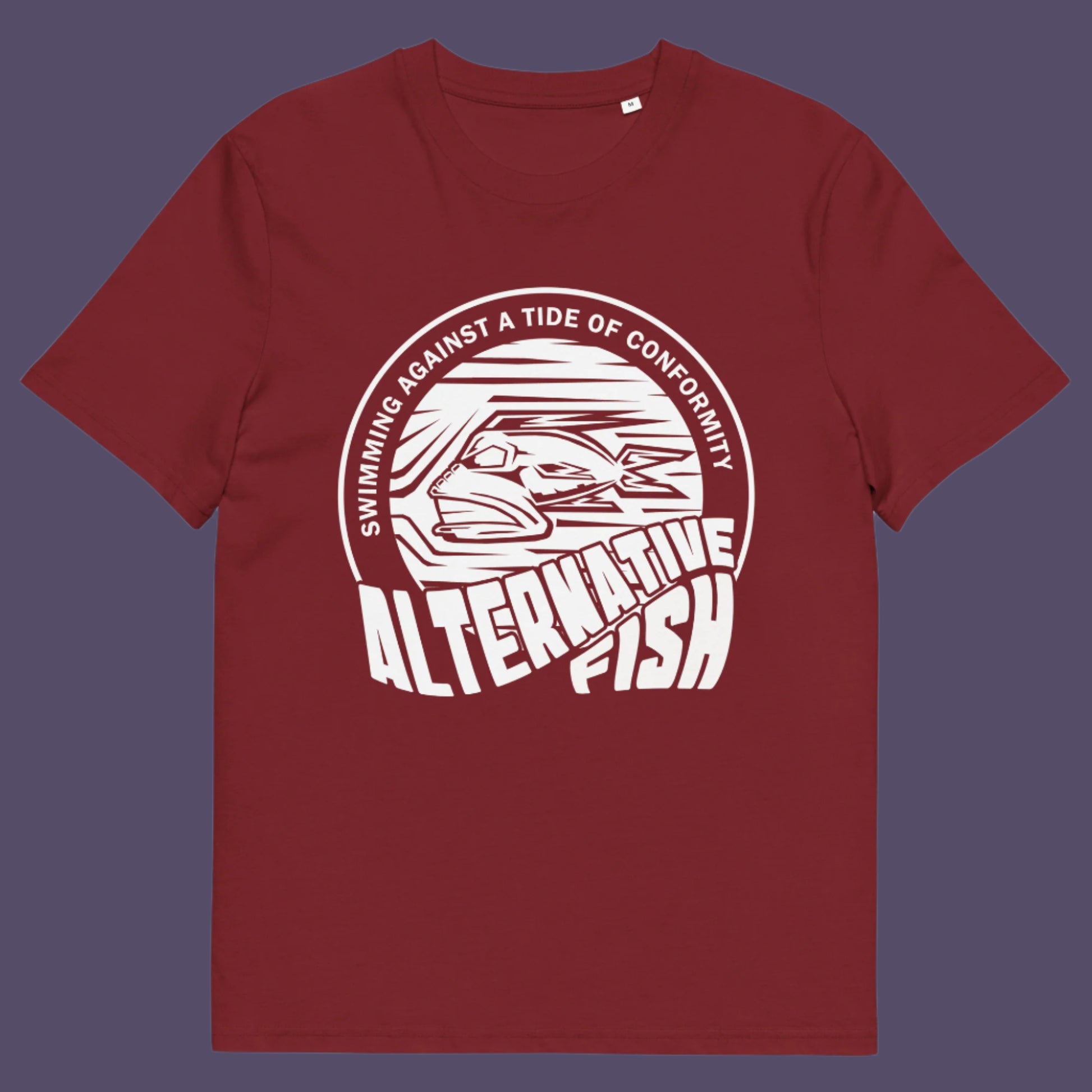Burgundy t shirt. A non conformist t shirt for all who think outside the box. Don't just be another fish in the sea. Push back the tide of conformity with this anti establishment t shirt design. Made from 100% organic ring-spun cotton, this counter culture t shirt is unisex, high-quality, super comfy, and best of all, eco-friendly.
