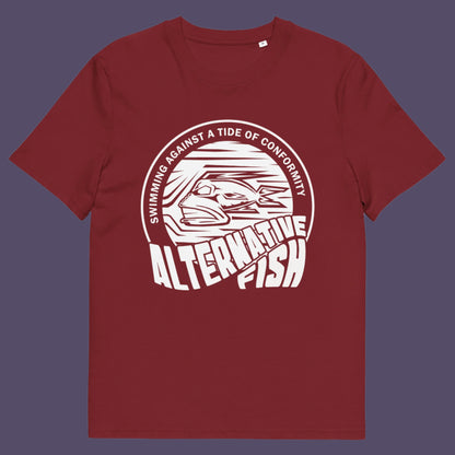 Burgundy t shirt. A non conformist t shirt for all who think outside the box. Don't just be another fish in the sea. Push back the tide of conformity with this anti establishment t shirt design. Made from 100% organic ring-spun cotton, this counter culture t shirt is unisex, high-quality, super comfy, and best of all, eco-friendly.