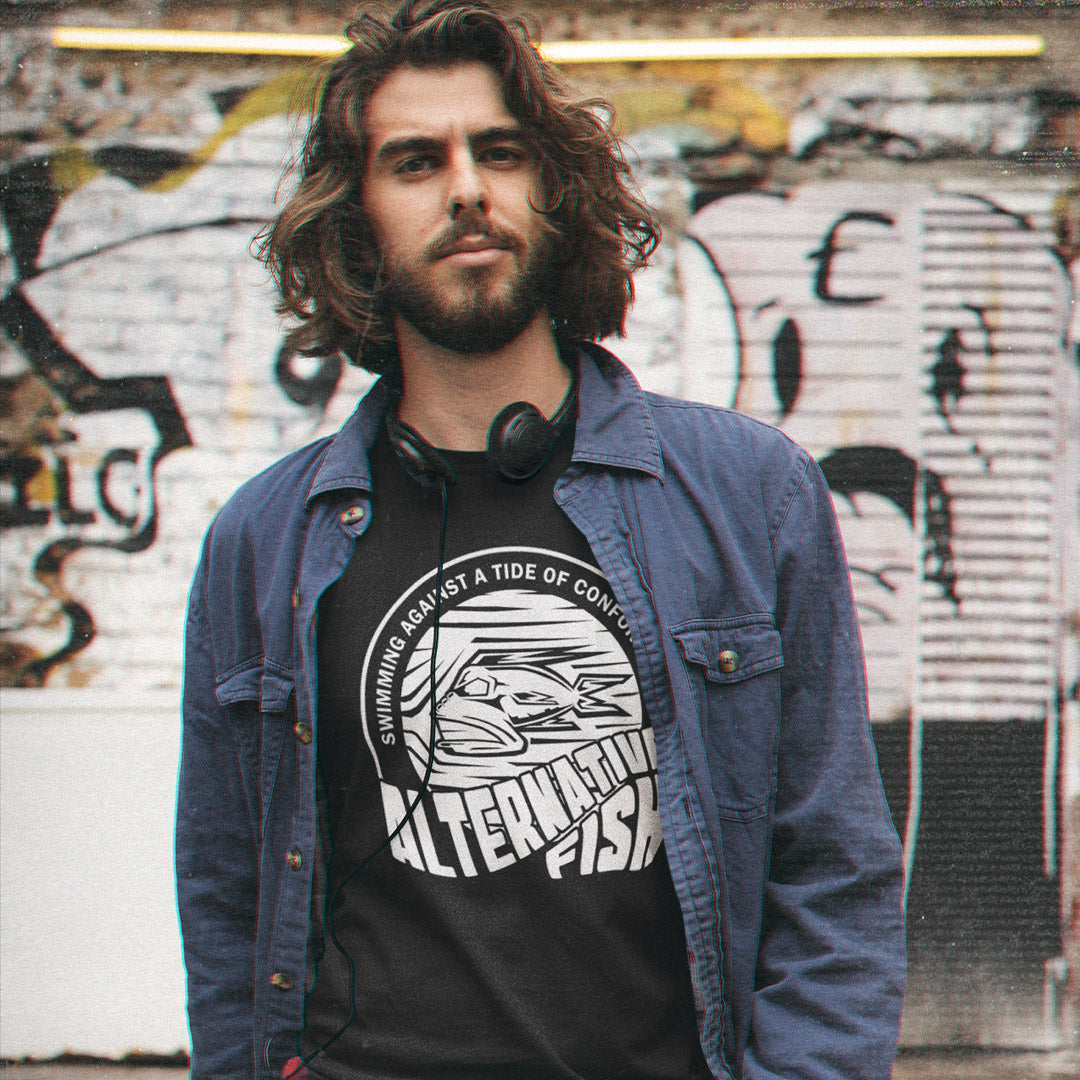Man wearing a black t-shirt with An "ALTERNATIVE FISH" logo.