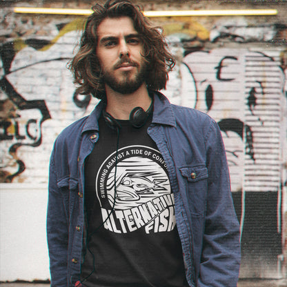 Man wearing a black t-shirt with An "ALTERNATIVE FISH" logo.