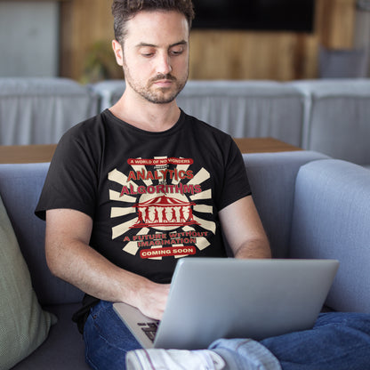 Man sat on sofa using a laptop and wearing a black t shirt. A dystopian t shirt design suggesting that our future will be void of imagination, wonder and independent thinking under the increasing use of Analytics and algorithms. Our ever growing necessity for efficiency is reducing chance, risk, creativity and the very essence of living. imagination. Made from 100% organic ring-spun cotton, this non conformist t shirt is unisex, high-quality, super comfy, and best of all, eco-friendly.