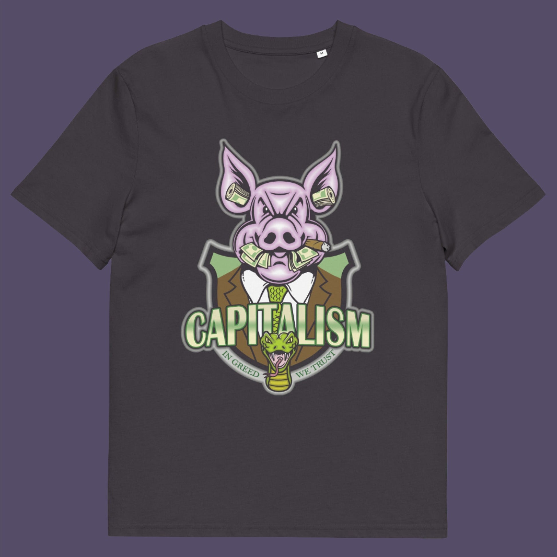 Anthracite t-shirt. An anti-capitalism t-shirt depicting greed and money worship as our downfall. It's greed we worship now, not God. Made from 100% organic ring-spun cotton, this funny political t-shirt is unisex, high-quality, super comfy, and best of all, eco-friendly.