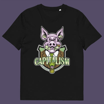 Black t-shirt. An anti-capitalism t-shirt depicting greed and money worship as our downfall. It's greed we worship now, not God. Made from 100% organic ring-spun cotton, this funny political t-shirt is unisex, high-quality, super comfy, and best of all, eco-friendly.