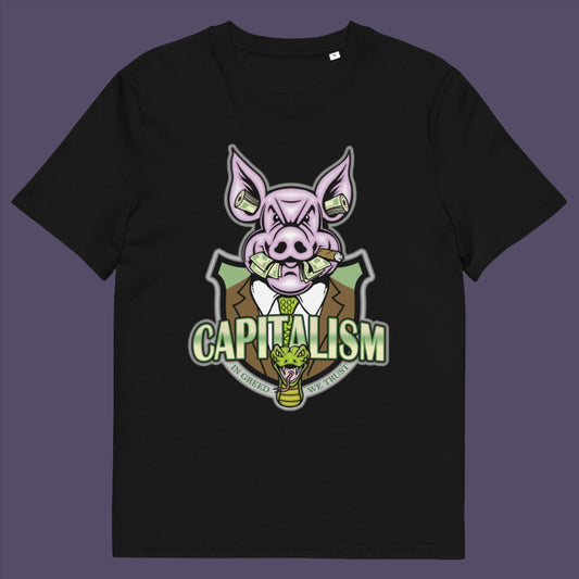 Black t-shirt. An anti-capitalism t-shirt depicting greed and money worship as our downfall. It's greed we worship now, not God. Made from 100% organic ring-spun cotton, this funny political t-shirt is unisex, high-quality, super comfy, and best of all, eco-friendly.