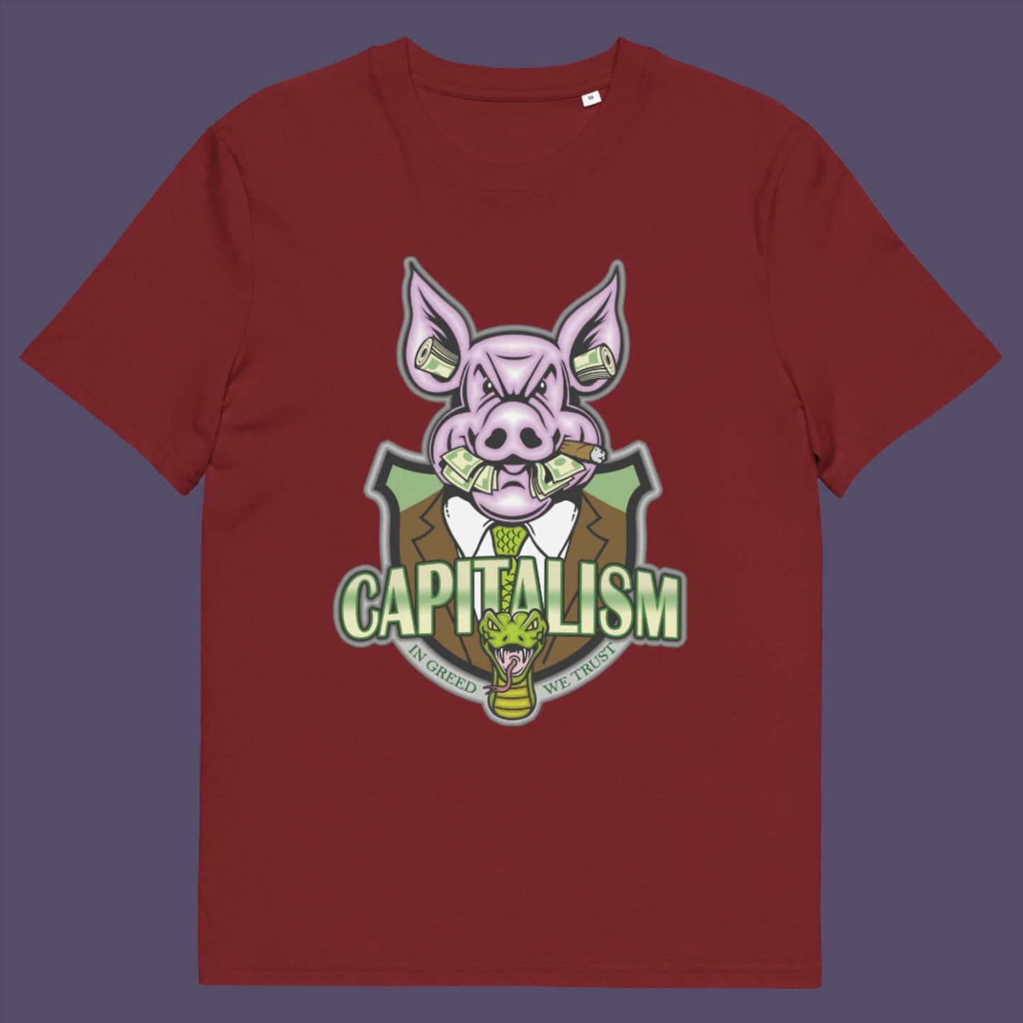 Burgundy t-shirt. An anti-capitalism t-shirt depicting greed and money worship as our downfall. It's greed we worship now, not God. Made from 100% organic ring-spun cotton, this funny political t-shirt is unisex, high-quality, super comfy, and best of all, eco-friendly.