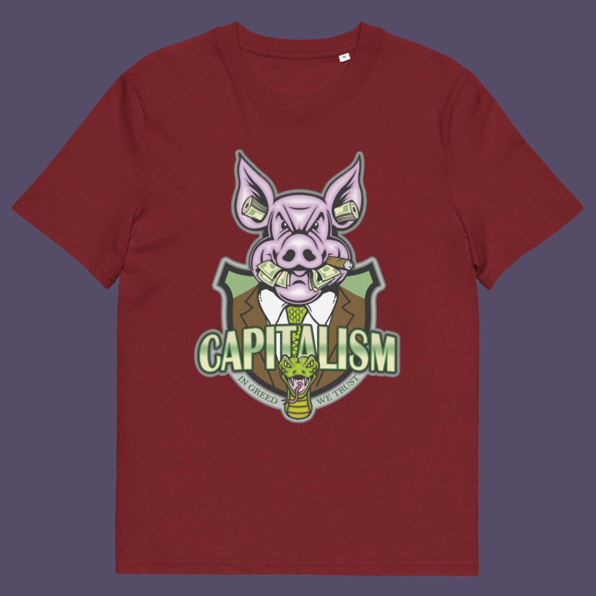 Burgundy t-shirt. An anti-capitalism t-shirt depicting greed and money worship as our downfall. It's greed we worship now, not God. Made from 100% organic ring-spun cotton, this funny political t-shirt is unisex, high-quality, super comfy, and best of all, eco-friendly.