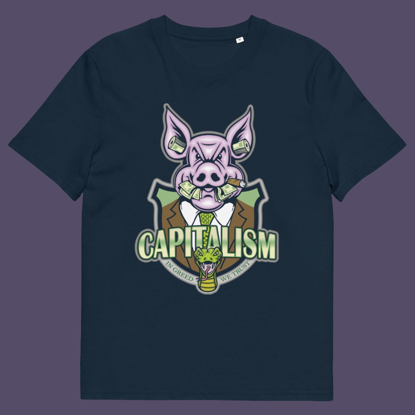 French navy t-shirt. An anti-capitalism t-shirt depicting greed and money worship as our downfall. It's greed we worship now, not God. Made from 100% organic ring-spun cotton, this funny political t-shirt is unisex, high-quality, super comfy, and best of all, eco-friendly.
