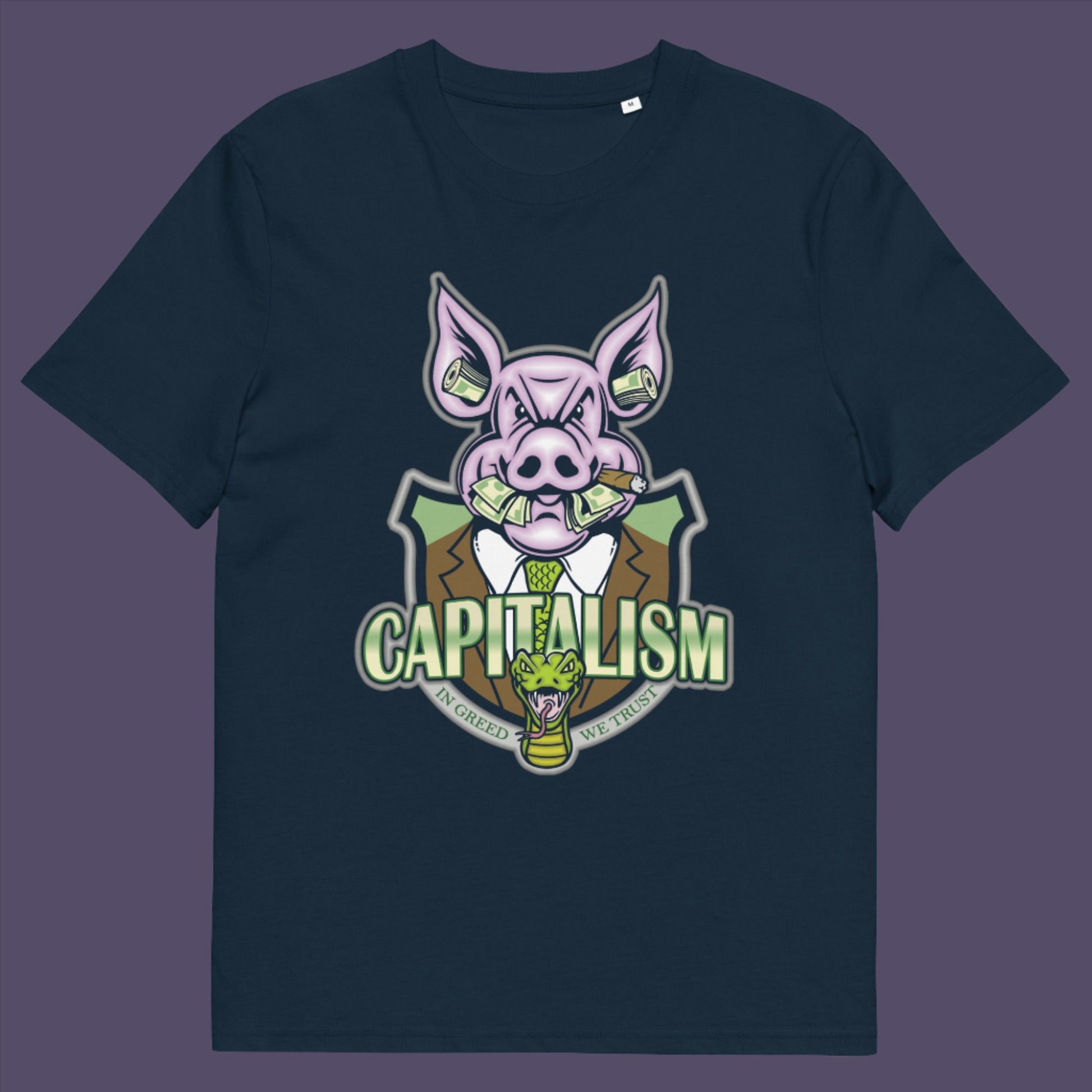 French navy t-shirt. An anti-capitalism t-shirt depicting greed and money worship as our downfall. It's greed we worship now, not God. Made from 100% organic ring-spun cotton, this funny political t-shirt is unisex, high-quality, super comfy, and best of all, eco-friendly.