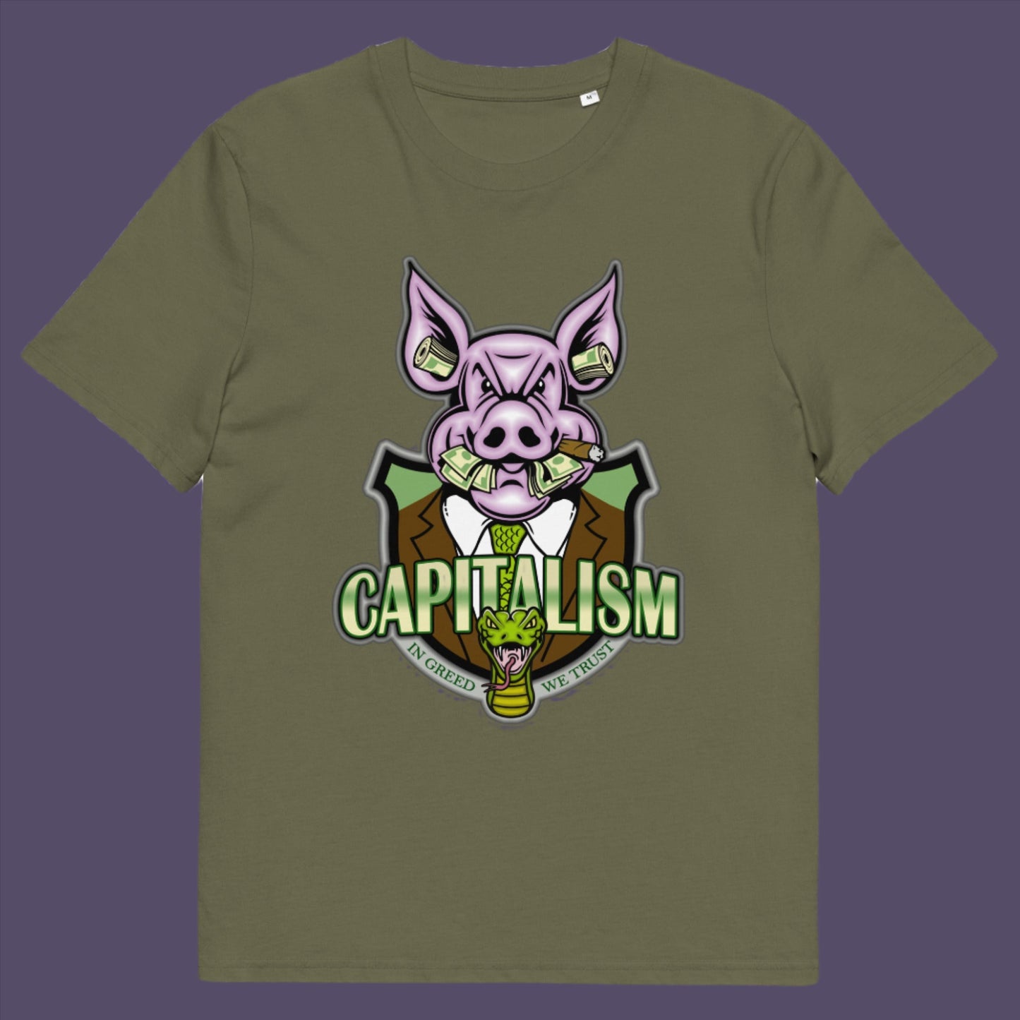 Khaki t-shirt. An anti-capitalism t-shirt depicting greed and money worship as our downfall. It's greed we worship now, not God. Made from 100% organic ring-spun cotton, this funny political t-shirt is unisex, high-quality, super comfy, and best of all, eco-friendly.