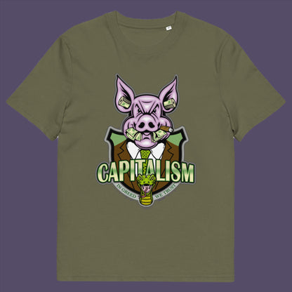 Khaki t-shirt. An anti-capitalism t-shirt depicting greed and money worship as our downfall. It's greed we worship now, not God. Made from 100% organic ring-spun cotton, this funny political t-shirt is unisex, high-quality, super comfy, and best of all, eco-friendly.