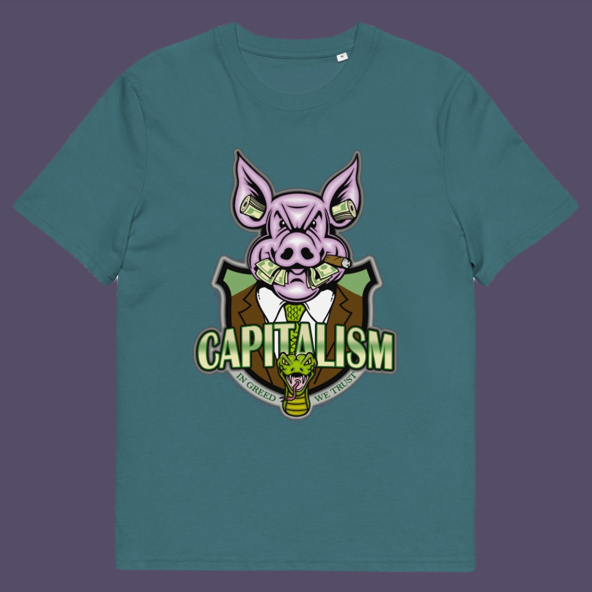 Stargazer t-shirt. An anti-capitalism t-shirt depicting greed and money worship as our downfall. It's greed we worship now, not God. Made from 100% organic ring-spun cotton, this funny political t-shirt is unisex, high-quality, super comfy, and best of all, eco-friendly.