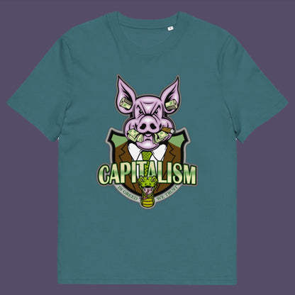 Stargazer t-shirt. An anti-capitalism t-shirt depicting greed and money worship as our downfall. It's greed we worship now, not God. Made from 100% organic ring-spun cotton, this funny political t-shirt is unisex, high-quality, super comfy, and best of all, eco-friendly.