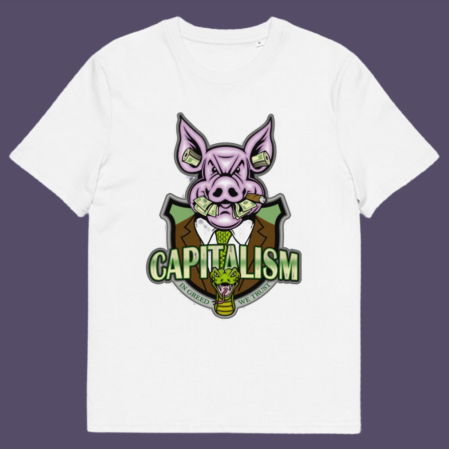 White t-shirt. An anti-capitalism t-shirt depicting greed and money worship as our downfall. It's greed we worship now, not God. Made from 100% organic ring-spun cotton, this funny political t-shirt is unisex, high-quality, super comfy, and best of all, eco-friendly.