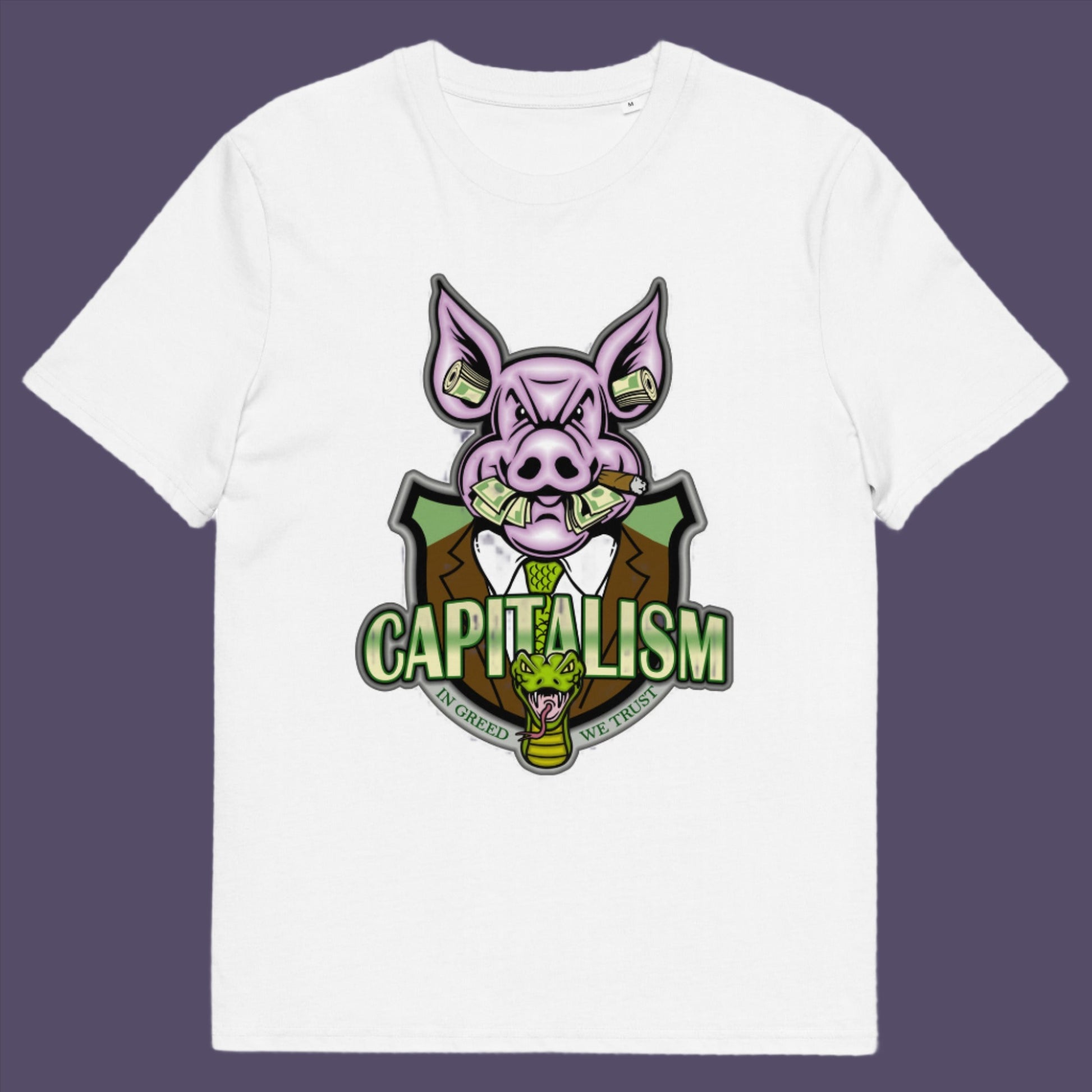White t-shirt. An anti-capitalism t-shirt depicting greed and money worship as our downfall. It's greed we worship now, not God. Made from 100% organic ring-spun cotton, this funny political t-shirt is unisex, high-quality, super comfy, and best of all, eco-friendly.