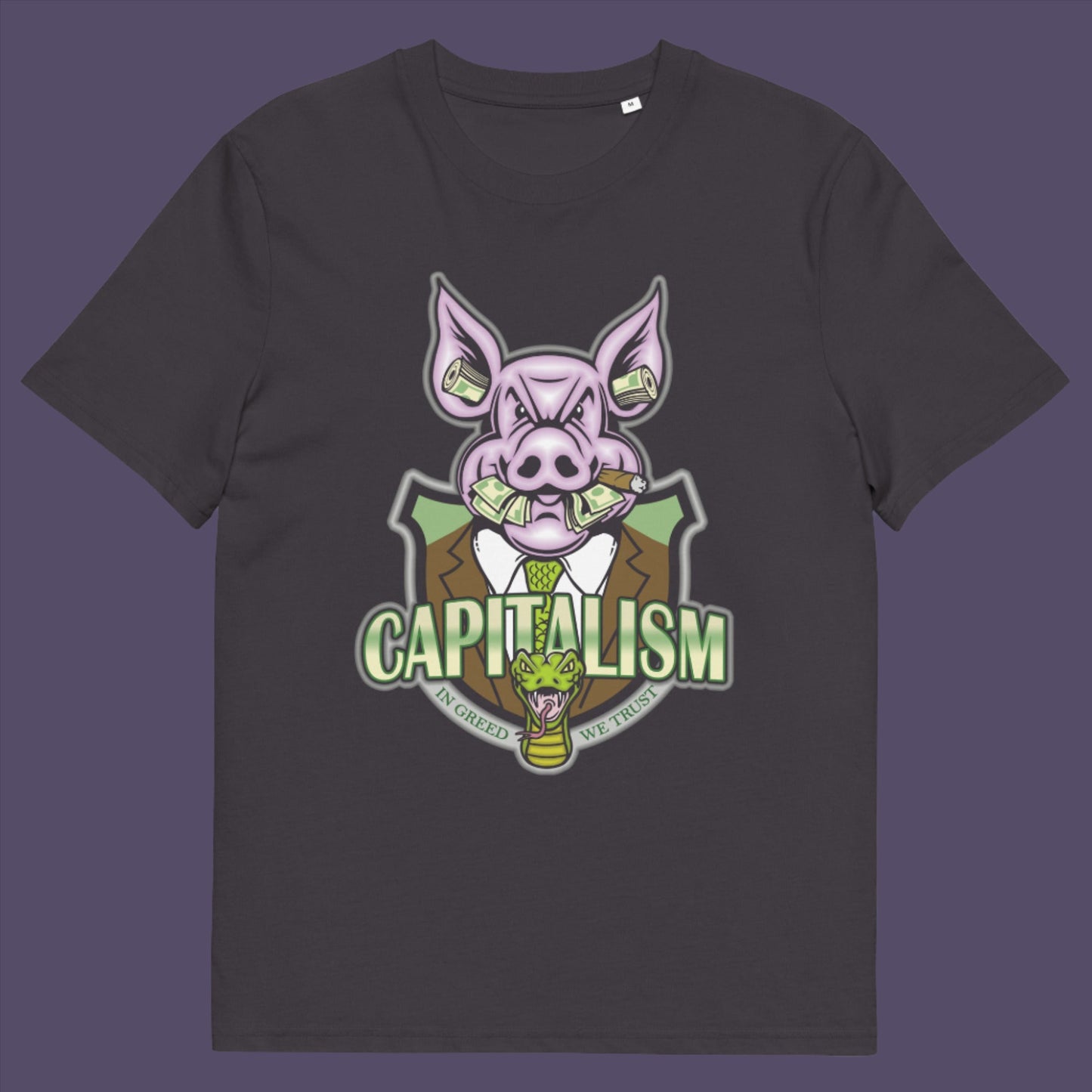 Anthracite t-shirt. An anti-capitalism t-shirt depicting greed and money worship as our downfall. It's greed we worship now, not God. Made from 100% organic ring-spun cotton, this non conformist t shirt is unisex, high-quality, super comfy, and best of all, eco-friendly.