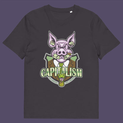 Anthracite t-shirt. An anti-capitalism t-shirt depicting greed and money worship as our downfall. It's greed we worship now, not God. Made from 100% organic ring-spun cotton, this non conformist t shirt is unisex, high-quality, super comfy, and best of all, eco-friendly.