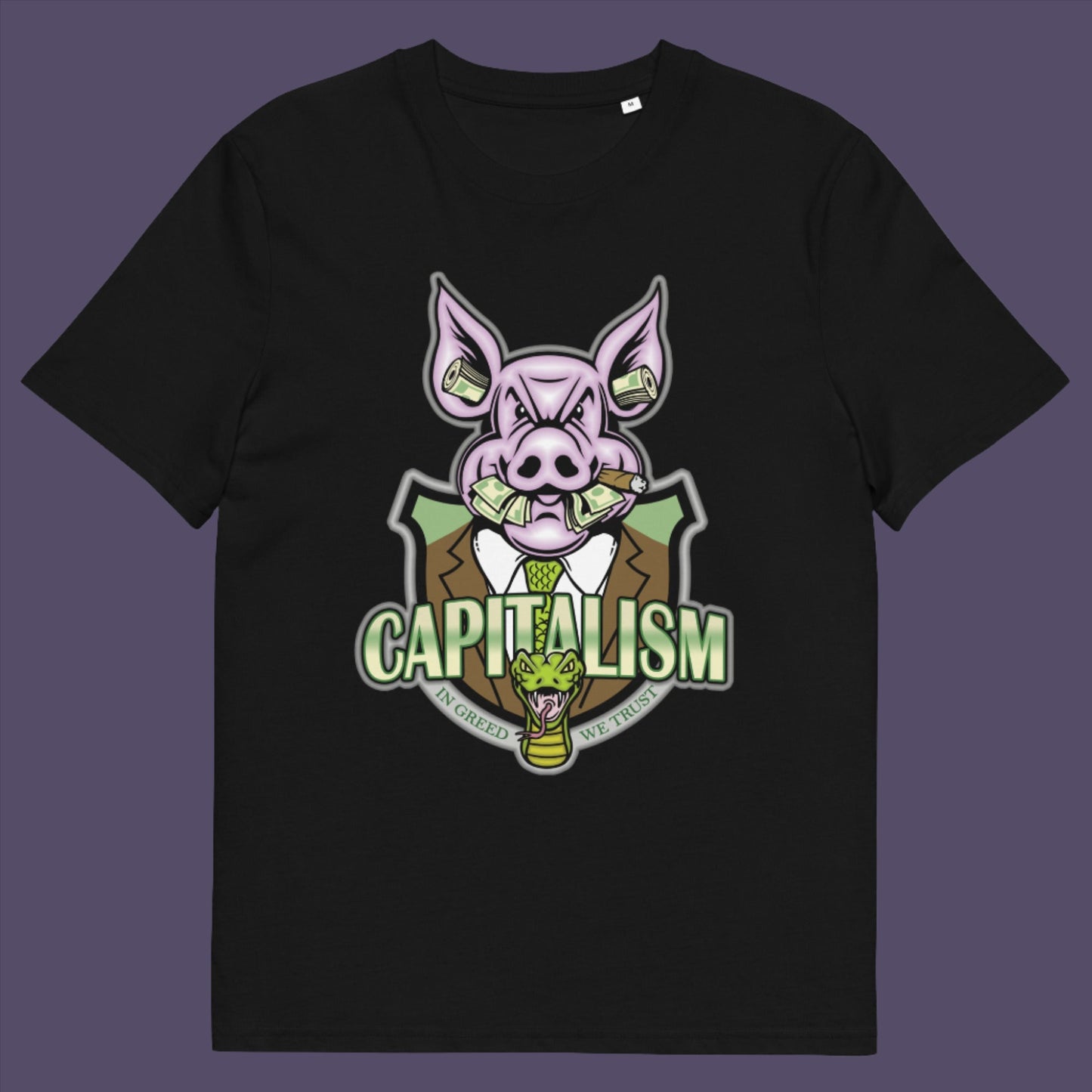 Black t-shirt. An anti-capitalism t-shirt depicting greed and money worship as our downfall. It's greed we worship now, not God. Made from 100% organic ring-spun cotton, this non conformist t shirt is unisex, high-quality, super comfy, and best of all, eco-friendly.