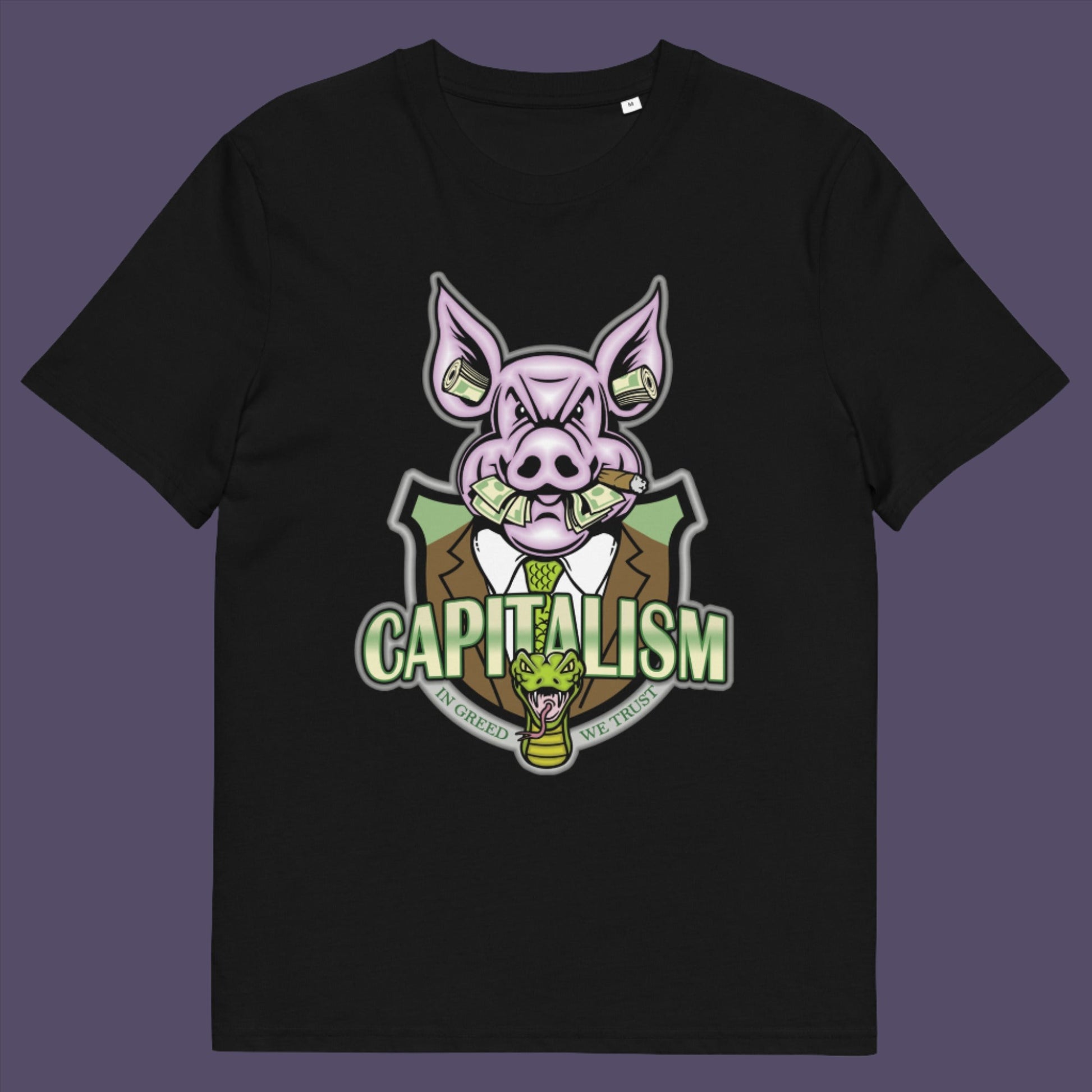 Black t-shirt. An anti-capitalism t-shirt depicting greed and money worship as our downfall. It's greed we worship now, not God. Made from 100% organic ring-spun cotton, this non conformist t shirt is unisex, high-quality, super comfy, and best of all, eco-friendly.