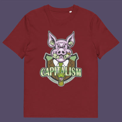Burgundy t-shirt. An anti-capitalism t-shirt depicting greed and money worship as our downfall. It's greed we worship now, not God. Made from 100% organic ring-spun cotton, this non conformist t shirt is unisex, high-quality, super comfy, and best of all, eco-friendly.