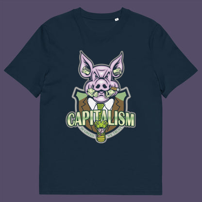 French navy t-shirt. An anti-capitalism t-shirt depicting greed and money worship as our downfall. It's greed we worship now, not God. Made from 100% organic ring-spun cotton, this non conformist t shirt is unisex, high-quality, super comfy, and best of all, eco-friendly.