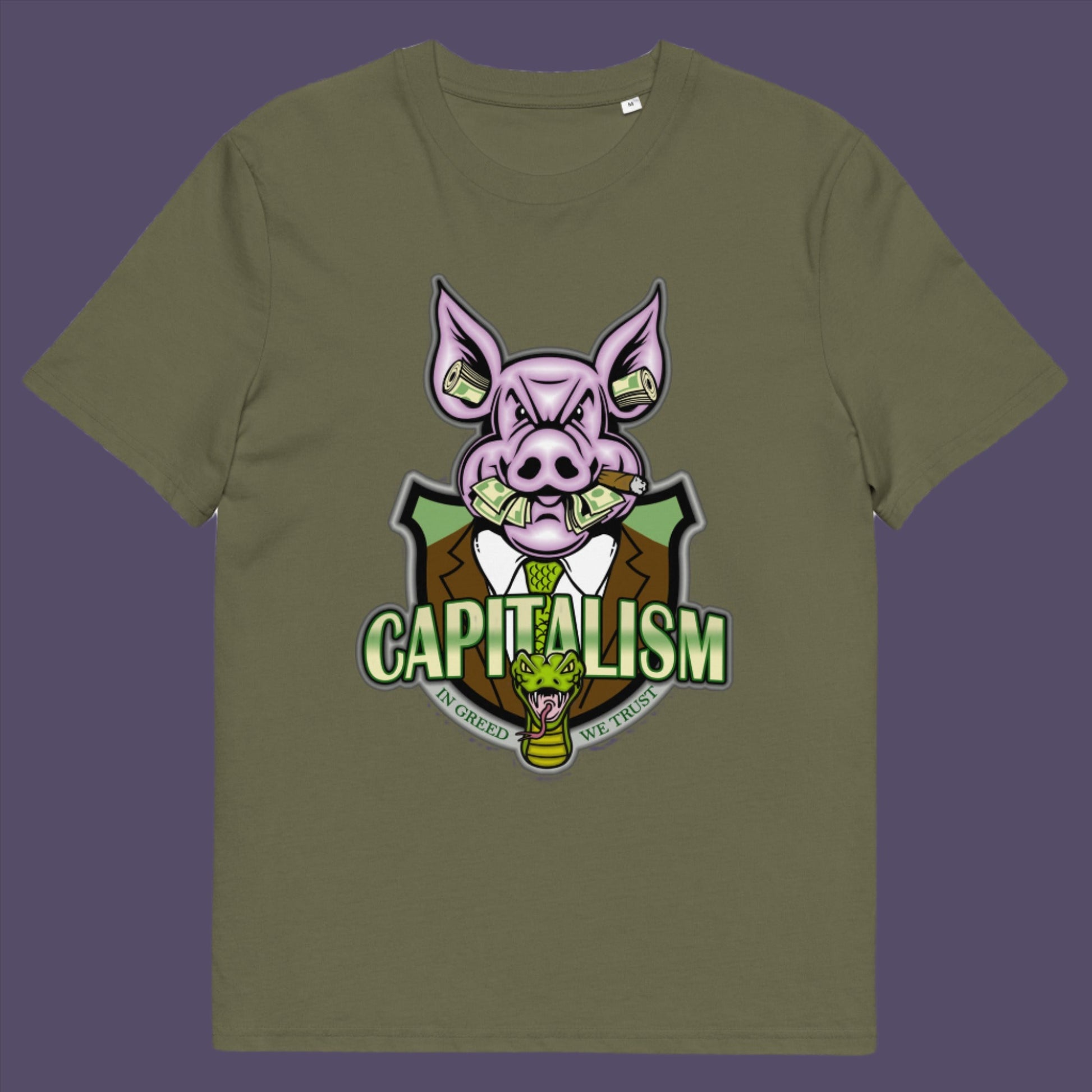 Khaki t-shirt. An anti-capitalism t-shirt depicting greed and money worship as our downfall. It's greed we worship now, not God. Made from 100% organic ring-spun cotton, this non conformist t shirt is unisex, high-quality, super comfy, and best of all, eco-friendly.