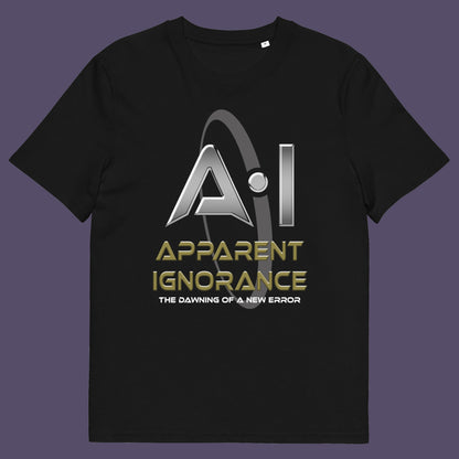 Black t shirt. This anti ai t shirt design questions the effects of A.I on our society and suggests we are ignoring it's full effects. Whether you are concerned about technology taking people's jobs or worried about A.I doing our thinking for us, encourage social awareness of the effects of technology with this unique anti ai t shirt. Made from 100% organic ring-spun cotton, this counter culture t shirt is unisex, high quality, super comfy, and best of all, eco-friendly.
