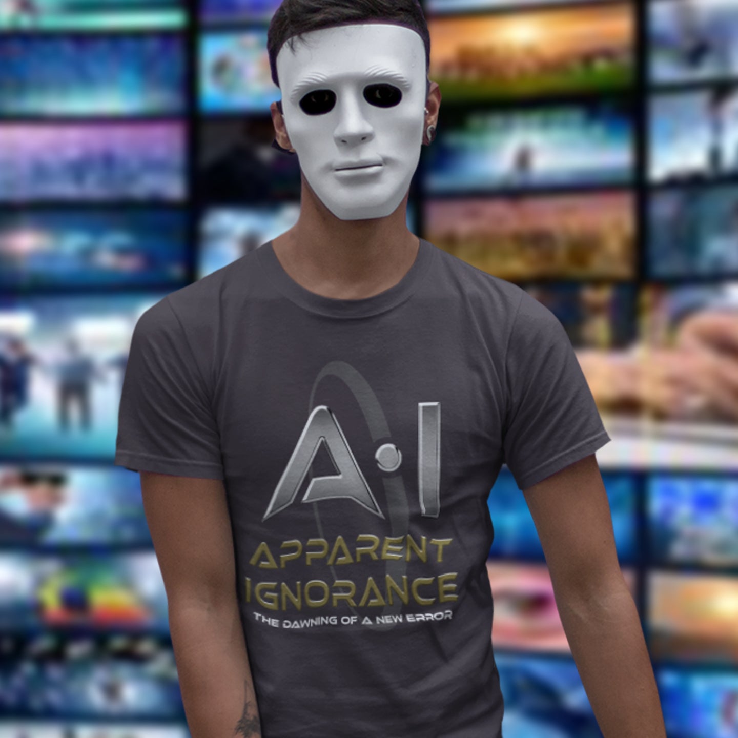 Person wearing a white mask and an Anthracite t-shirt with 'Apparent Ignorance' text. This anti ai t shirt design questions the effects of A.I on our society and suggests we are ignoring it's full effects. Whether you are concerned about technology taking people's jobs or worried about A.I doing our thinking for us. Made from 100% organic ring-spun cotton, this counter culture t shirt is unisex, high quality, super comfy, and best of all, eco-friendly.