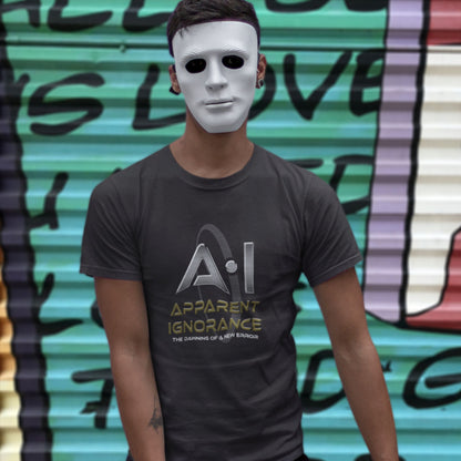 A man wearing a white mask and a dark gray graphic t-shirt with 'AI APPARENT IGNORANCE' printed on the front, standing in front of a colorful graffiti metal shutter.