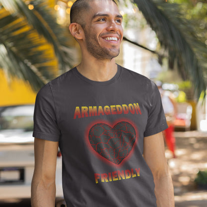 Man wearing a t-shirt with 'Armageddon Friendly' design outdoors. A non conformist t shirt design for the pessimist among us. If you find yourself losing faith in humankind, and feel your heart turning to stone, get it out of your system with this alternative counterculture design. Great for anyone who thinks outside the box. Made from 100% organic ring-spun cotton, this social awareness t shirt is unisex, high-quality, super comfy, and best of all, eco-friendly.