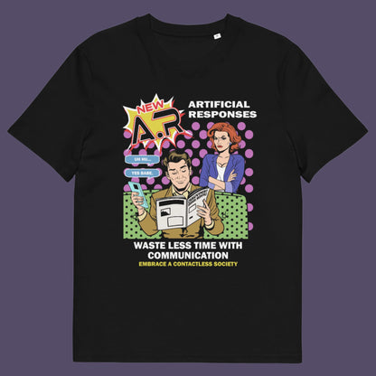 Black t shirt. This anti ai t shirt design, in a comic book pop art style, warns against artificial intelligence taking over too many aspects of our lives. In an ever increasing dependency on artificial realities, just how far will it go ? satirical and sarcastic, funny but scary. Made from 100% organic ring-spun cotton, this anti ai t shirt is unisex, high-quality, super comfy, and best of all, eco-friendly.