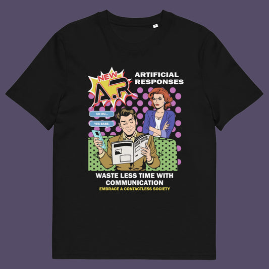 Black t shirt. This anti ai t shirt design, in a comic book pop art style, warns against artificial intelligence taking over too many aspects of our lives. In an ever increasing dependency on artificial realities, just how far will it go ? satirical and sarcastic, funny but scary. Made from 100% organic ring-spun cotton, this anti ai t shirt is unisex, high-quality, super comfy, and best of all, eco-friendly.