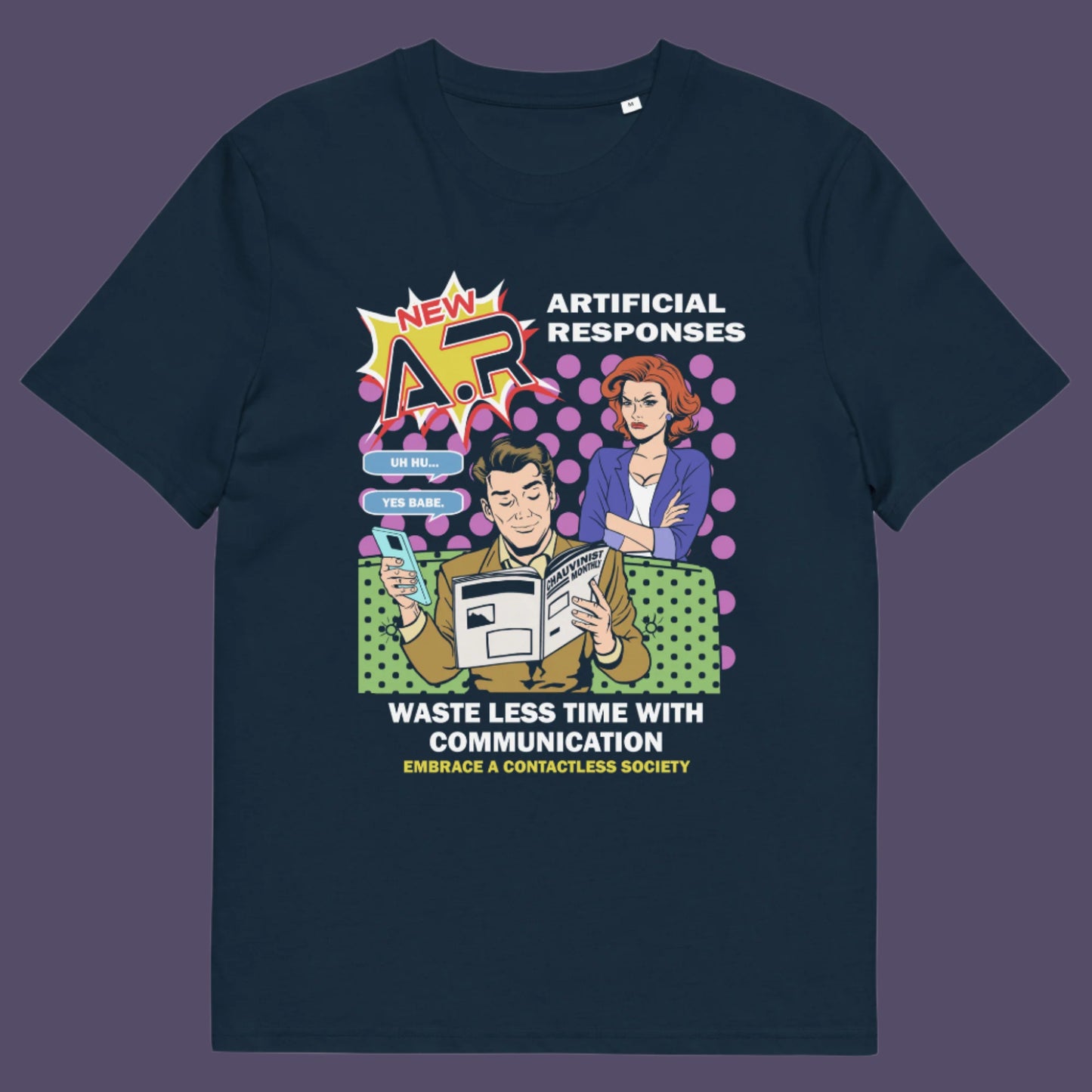 French navy t shirt. This anti ai t shirt design, in a comic book pop art style, warns against artificial intelligence taking over too many aspects of our lives. In an ever increasing dependency on artificial realities, just how far will it go ? satirical and sarcastic, funny but scary. Made from 100% organic ring-spun cotton, this anti ai t shirt is unisex, high-quality, super comfy, and best of all, eco-friendly.