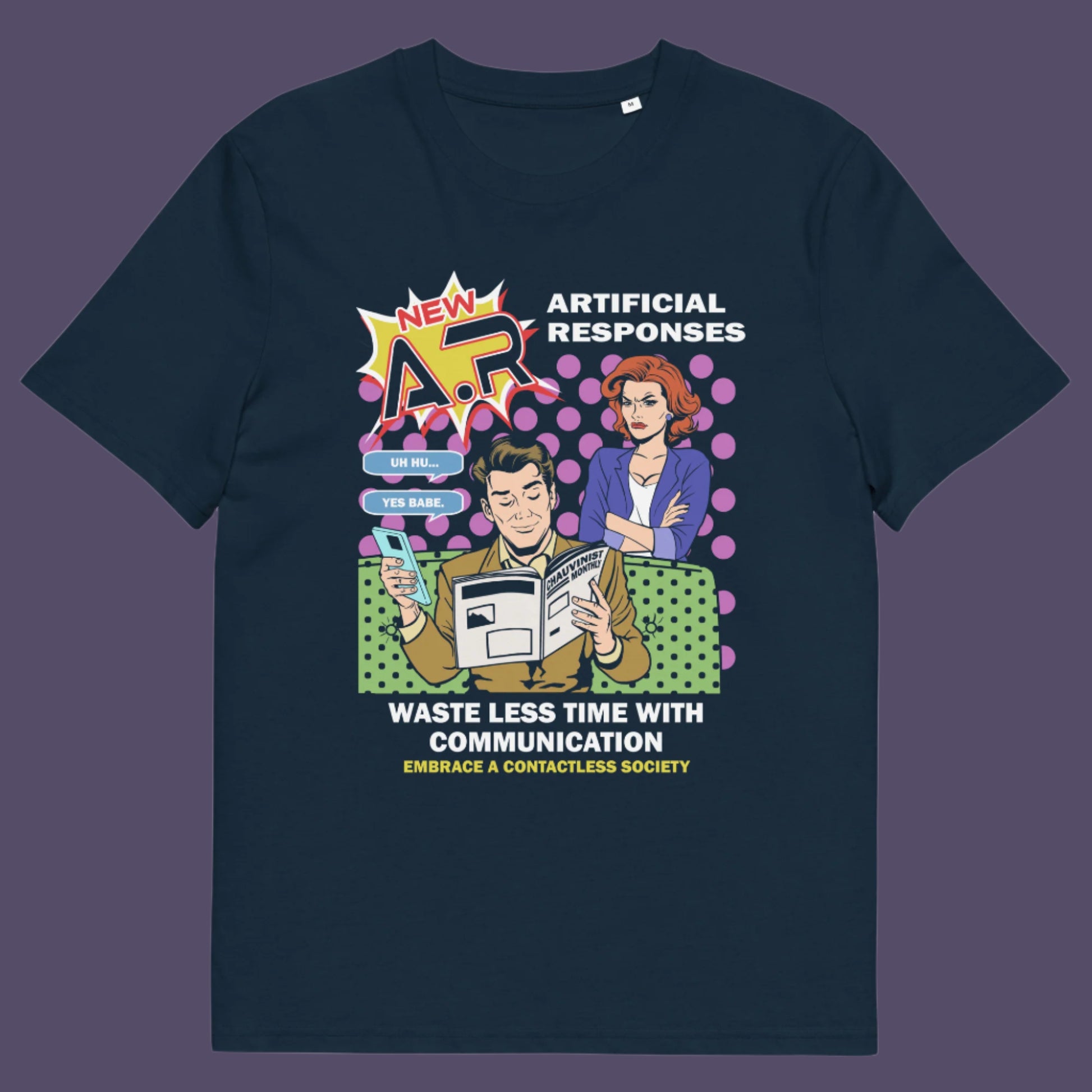 French navy t shirt. This anti ai t shirt design, in a comic book pop art style, warns against artificial intelligence taking over too many aspects of our lives. In an ever increasing dependency on artificial realities, just how far will it go ? satirical and sarcastic, funny but scary. Made from 100% organic ring-spun cotton, this anti ai t shirt is unisex, high-quality, super comfy, and best of all, eco-friendly.