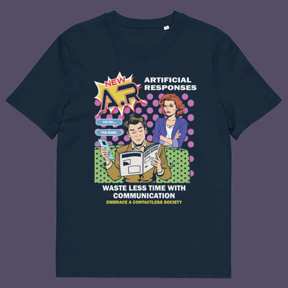 French navy t shirt. This anti ai t shirt design, in a comic book pop art style, warns against artificial intelligence taking over too many aspects of our lives. In an ever increasing dependency on artificial realities, just how far will it go ? satirical and sarcastic, funny but scary. Made from 100% organic ring-spun cotton, this anti ai t shirt is unisex, high-quality, super comfy, and best of all, eco-friendly.