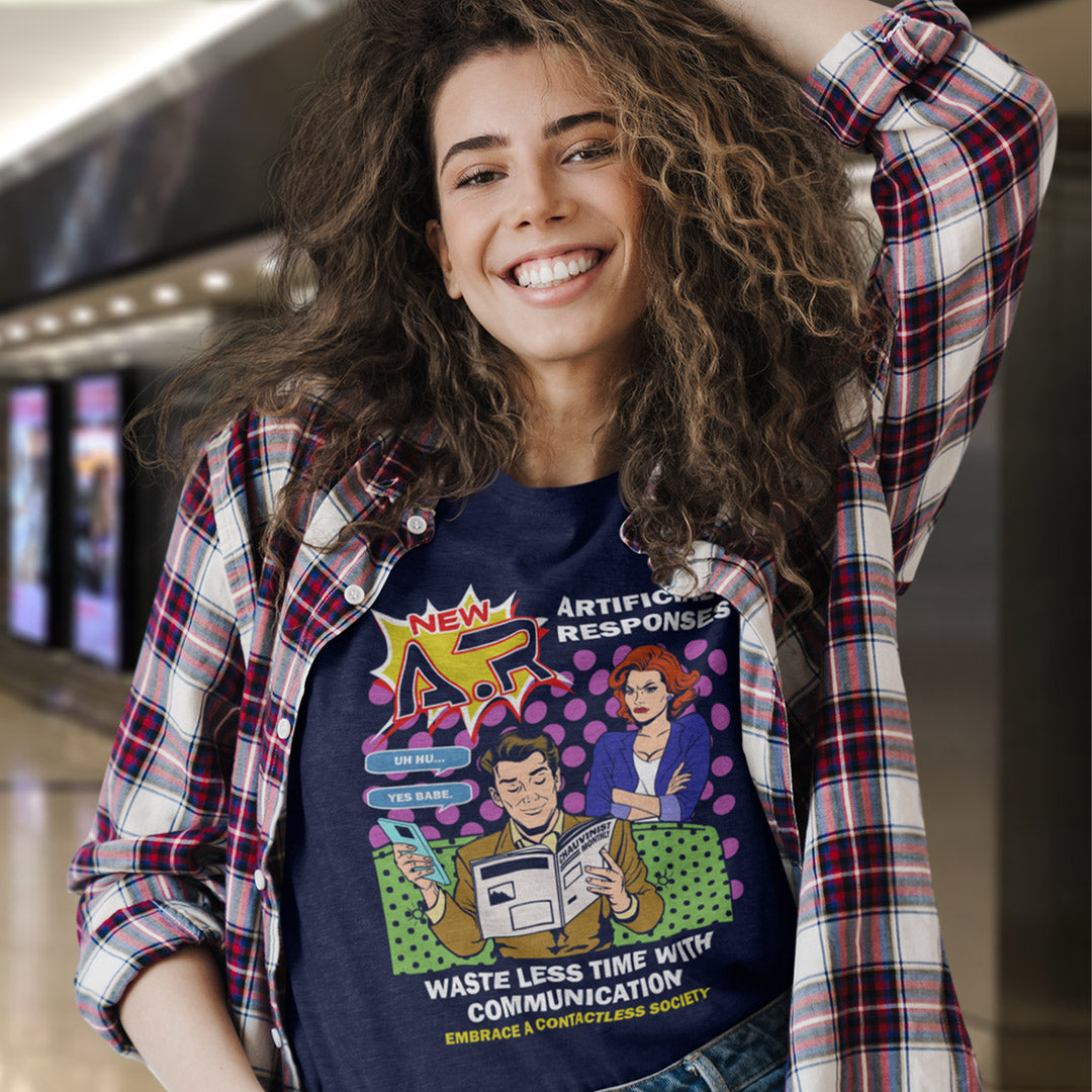 Woman wearing a French navy t shirt in a mall. This anti ai t shirt design, in a comic book pop art style, warns against artificial intelligence taking over too many aspects of our lives. In an ever increasing dependency on artificial realities, just how far will it go ? Will our communication be artificial one day ? Satirical and sarcastic, funny but scary. Made from 100% organic ring-spun cotton, this anti ai t shirt is unisex, high-quality, super comfy, and best of all, eco-friendly.
