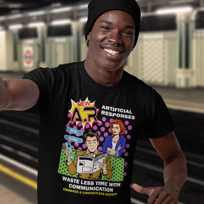 Person wearing a black t-shirt with a colorful graphic design in a subway setting. This anti ai t shirt design, in a comic book pop art style, warns against artificial intelligence taking over too many aspects of our lives. In an ever increasing dependency on artificial realities, just how far will it go ? Will our communication be artificial one day ? Satirical and sarcastic, funny but scary. Made from 100% organic ring-spun cotton, this anti ai t shirt is unisex, high-quality, super comfy, and best of all