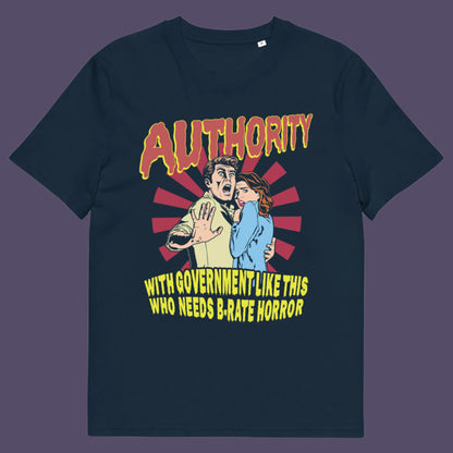 French t shirt. This non conformist t shirt design is portrayed in an old horror movie poster. A witty but satirical view of just how bad our governance has become and how it resembles watching a B rate horror movie. Made from 100% organic ring-spun cotton, this anti government t shirt is unisex, high-quality, super comfy, and best of all, eco-friendly.