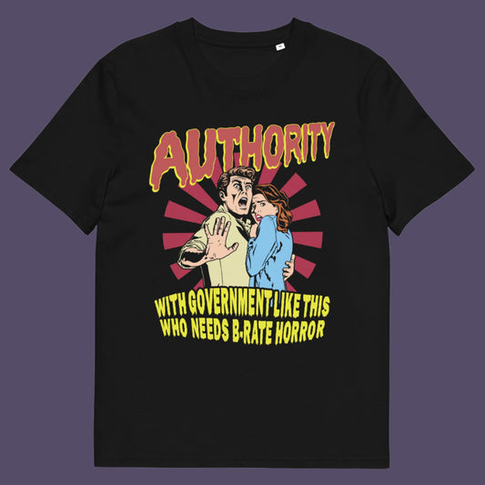 Black t shirt. This non conformist t shirt design is portrayed in an old horror movie poster. A witty but satirical view of just how bad our governance has become and how it resembles watching a B rate horror movie. Made from 100% organic ring-spun cotton, this anti government t shirt is unisex, high-quality, super comfy, and best of all, eco-friendly.