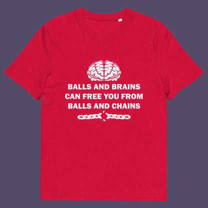 Red t-shirt. A civil liberties t shirt limerick to remind you of what it takes to free yourself, metaphorically speaking. Made from 100% organic ring-spun cotton, this self worth t shirt is unisex, high-quality, super comfy, and best of all, eco-friendly.