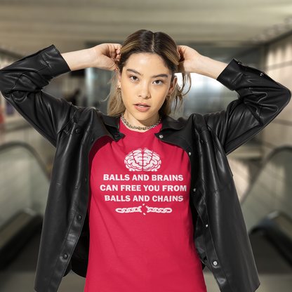 Person wearing a red t-shirt with text and a black leather jacket in an indoor setting. A civil liberties t shirt limerick to remind you of what it takes to free yourself, metaphorically speaking. Made from 100% organic ring-spun cotton, this self worth t shirt is unisex, high-quality, super comfy, and best of all, eco-friendly.