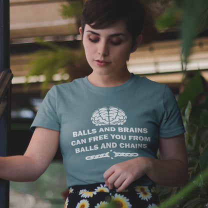 Woman wearing a stargazer t-shirt with a brain graphic and text. A civil liberties t shirt limerick to remind you of what it takes to free yourself, metaphorically speaking. Made from 100% organic ring-spun cotton, this self worth t shirt is unisex, high-quality, super comfy, and best of all, eco-friendly.