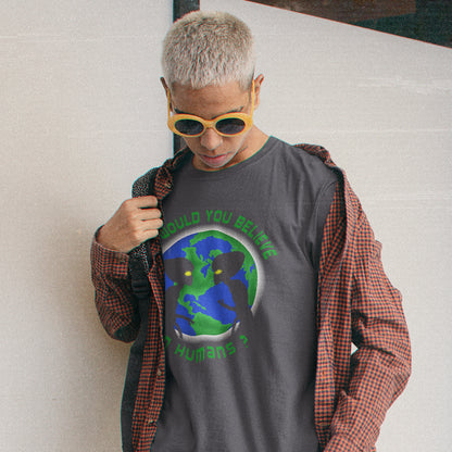 Person wearing a t-shirt with a graphic design and sunglasses, standing against a plain background. A funny conspiracy theory t shirt with a play on words design. We question whether or not to believe in aliens but with so much evidence around is it not a more important question to wonder if they have lost their faith in us. Made from 100% organic ring-spun cotton, this conspiracy theorist t shirt is unisex, high-quality, super comfy, and best of all, eco-friendly.