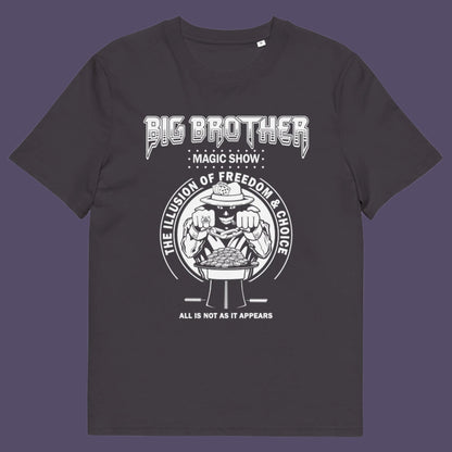 Anthracite t-shirt. A funny conspiracy theory t-shirt suggesting our 'freedom of choice' is just part of an elaborate illusion. Magic shows are great until you realise you are living in one. This witty unique design hints at our society being distracted by greed. Made from 100% organic ring-spun cotton, this witty conspiracy theory t-shirt is unisex, high-quality, super comfy, and best of all, eco-friendly.