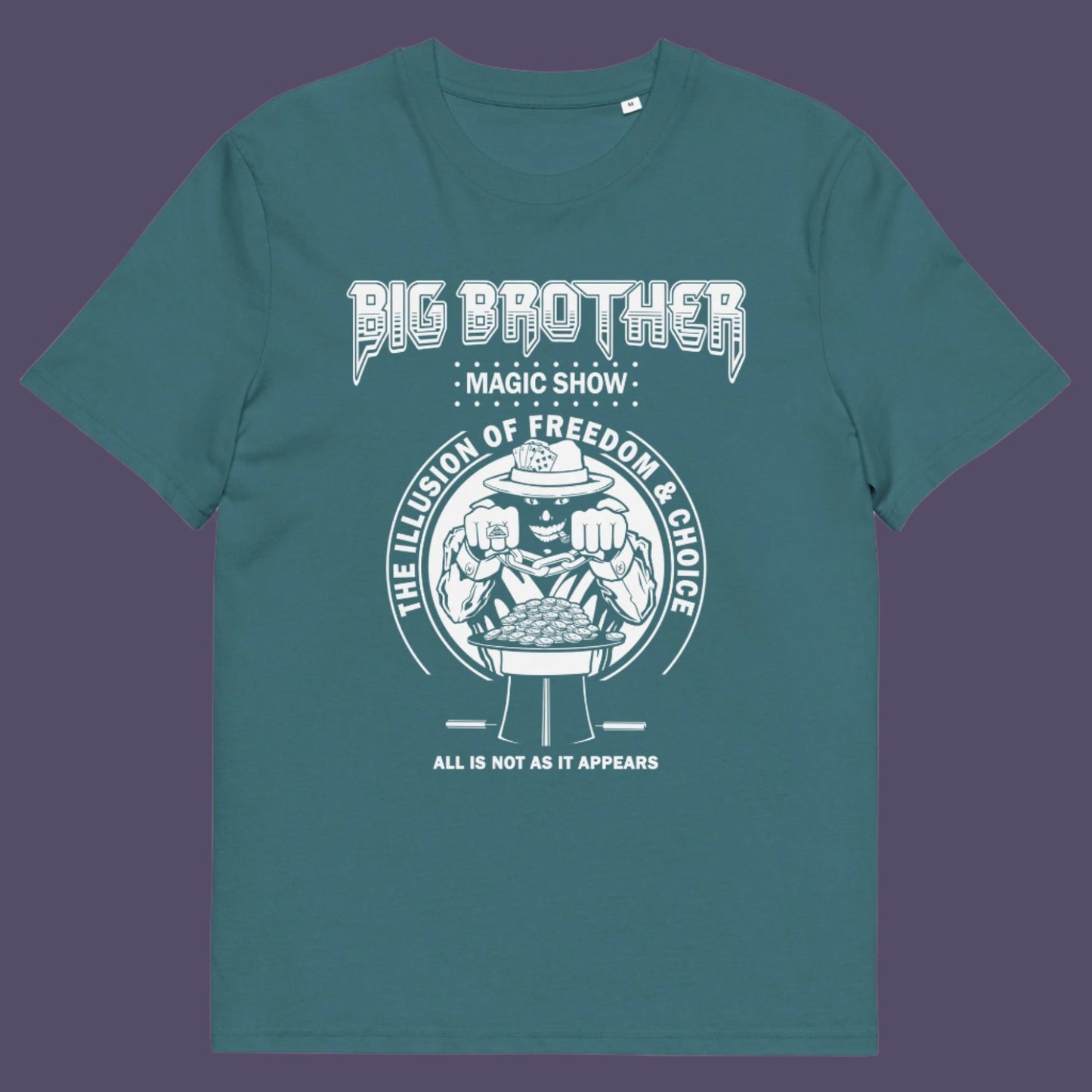 Stargazer t-shirt. A funny conspiracy theory t-shirt suggesting our 'freedom of choice' is just part of an elaborate illusion. Magic shows are great until you realise you are living in one. This witty unique design hints at our society being distracted by greed. Made from 100% organic ring-spun cotton, this witty conspiracy theory t-shirt is unisex, high-quality, super comfy, and best of all, eco-friendly.