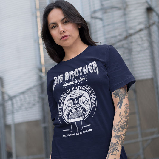 Woman wearing a 'Big brother' French navy t shirt, in a parking lot.
