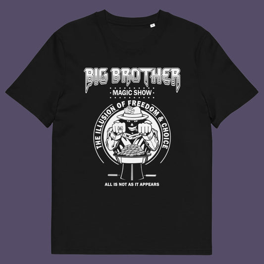 Black t-shirt. A funny conspiracy theory t-shirt suggesting our 'freedom of choice' is just part of an elaborate illusion. Magic shows are great until you realise you are living in one. This unique conspiracy theorist t shirt design hints at our society being distracted by greed. Made from 100% organic ring-spun cotton, this funny conspiracy theory t-shirt is unisex, high-quality, super comfy, and best of all, eco-friendly.